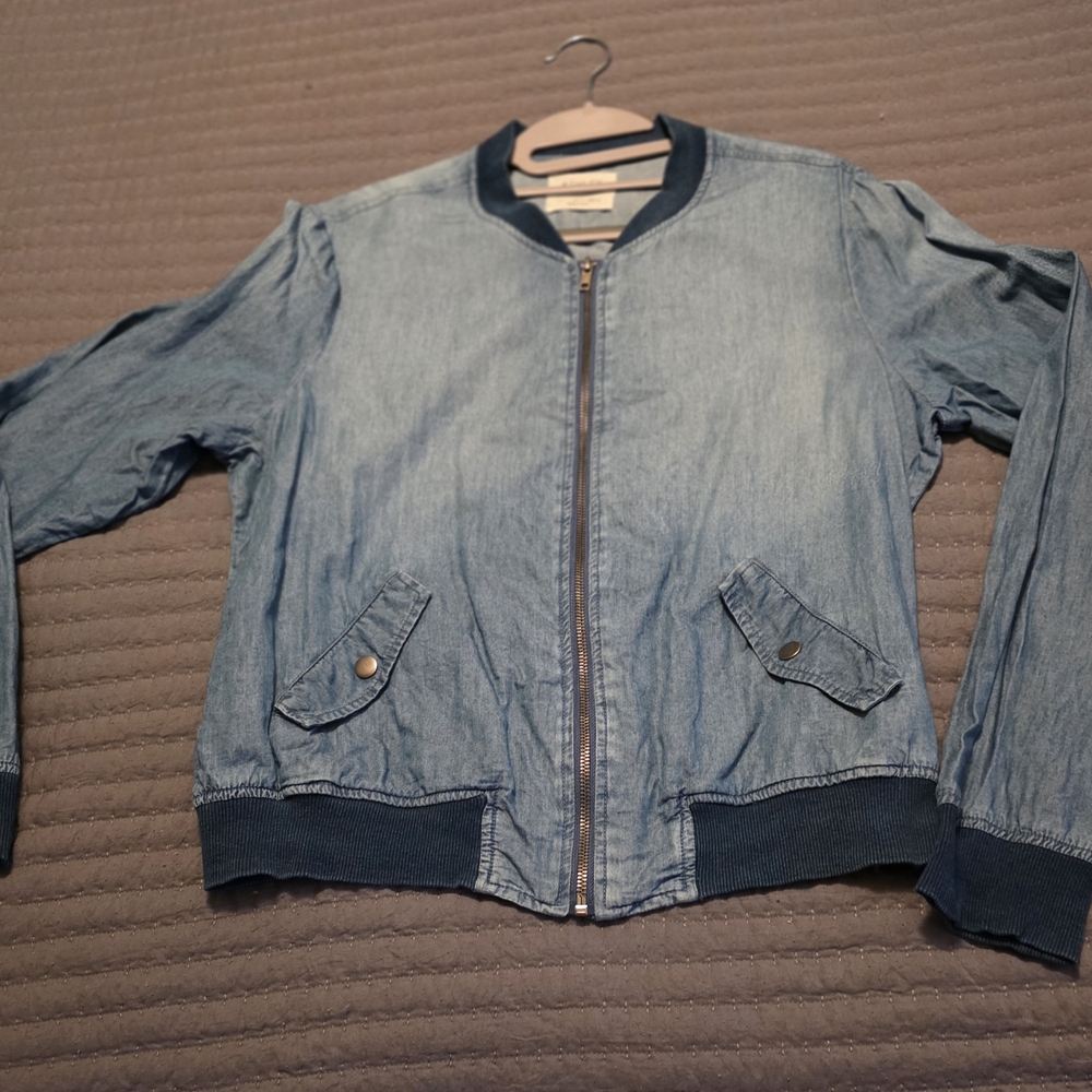 Ashley By 26 International Light Blue Denim Bomber Jacket with Navy Trim